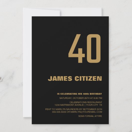 40歳の誕生日ミニマルモダンリストブラック金ゴールドパーティー 招待状 (正面)