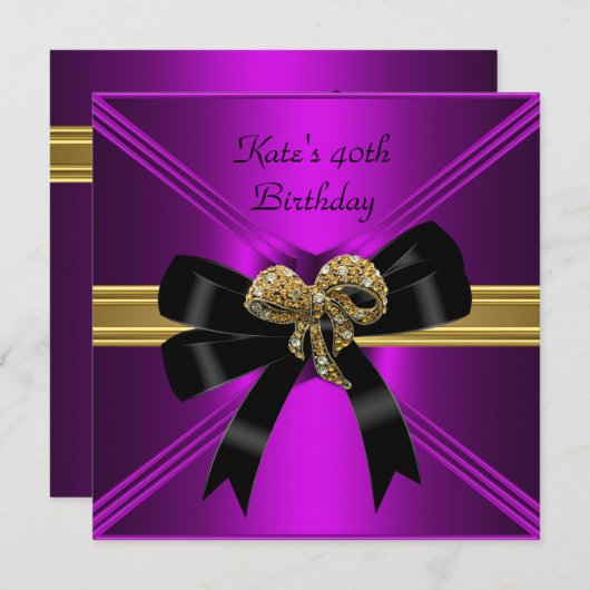 40歳の誕生日リッチ王室のブラックパープルマゼンタ 招待状 (正面/裏面)