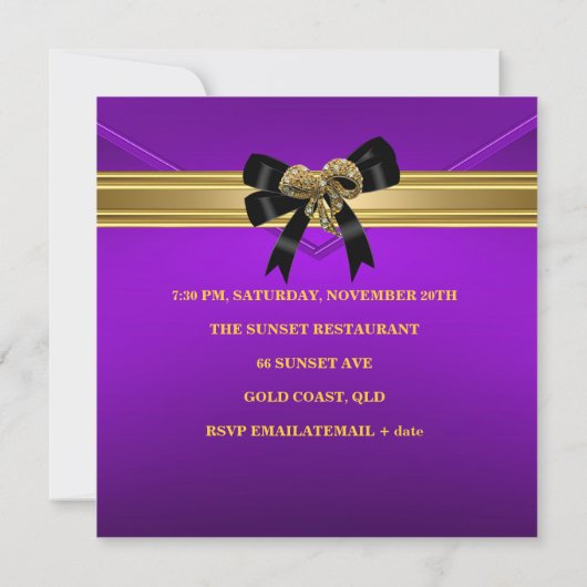 40歳の誕生日リッチ王室のブラックパープル金ゴールド宝石 招待状 (裏面)