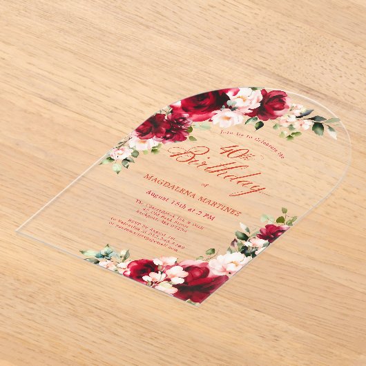 40歳の誕生日レッドローズピンク牡丹フローラアーチ アクリル招待状 (レイダウン)