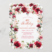 40歳の誕生日レッドローズピンク牡丹フローラ 招待状 (正面/裏面)