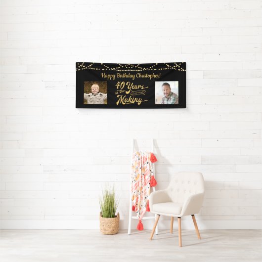 40歳の誕生日レトロブラック金ゴールドストリングライト写真 横断幕 (インサイチュ)