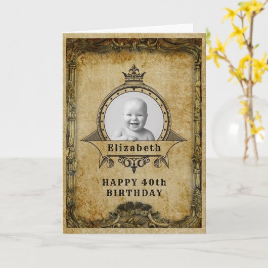 40歳の誕生日レトロヴィンテージモノグラム写真アダルト カード (黄色い花)