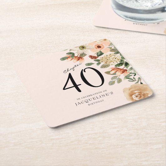 40歳の誕生日ヴィンテージフローラ スクエアペーパーコースター (アングル)