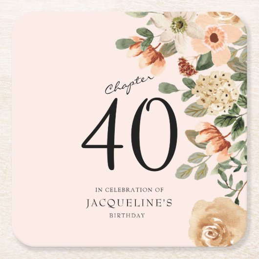 40歳の誕生日ヴィンテージフローラ スクエアペーパーコースター (正面)