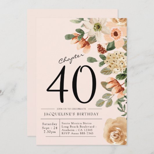 40歳の誕生日ヴィンテージフローラ 招待状 (正面/裏面)