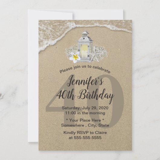 40歳の誕生日ヴィンテージホワイトランタン素朴ビーチ 招待状 (正面)