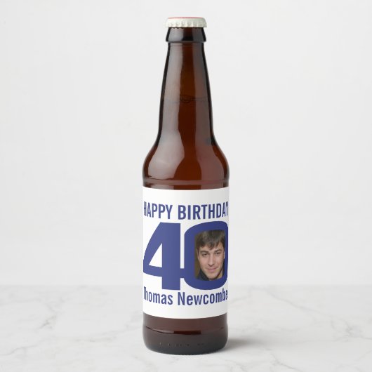 40歳の誕生日名前をカスタムするネイビーの青い写真 ビールラベル (正面)