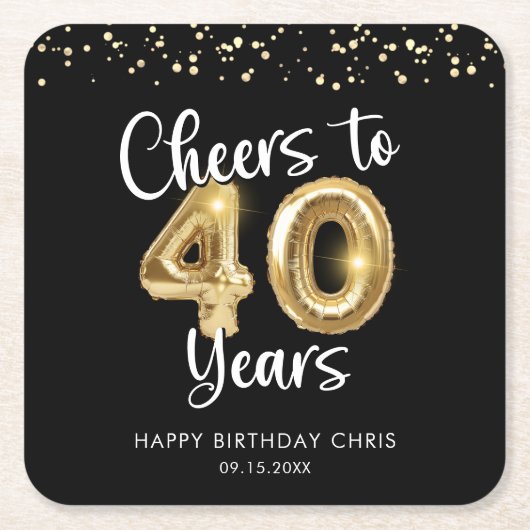 40歳の誕生日応援から40歳の黒金ゴールド スクエアペーパーコースター (正面)