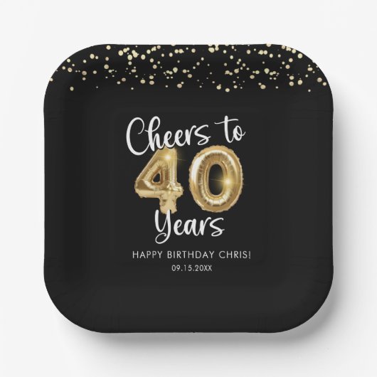 40歳の誕生日応援から40歳の黒金ゴールド ペーパープレート (正面)