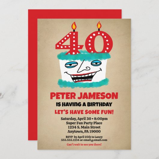 40歳の誕生日招待状おもしろいケーキカジュアルメンズ 招待状 (正面/裏面)