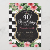 40歳の誕生日招待状の女性。フローラ金ゴールドブラック 招待状 (正面/裏面)