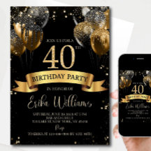 40歳の誕生日招待状テンプレート：ブラックゴールドボール