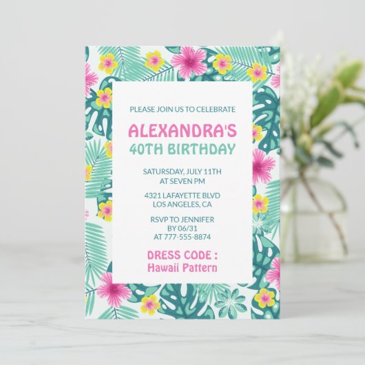 40歳の誕生日招待状トロピカルハワイパターン 招待状 (スタンド正面)