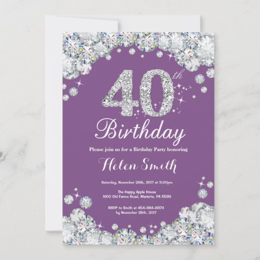 40歳の誕生日招待状パープルとシルバーダイヤモンド 招待状 (正面)