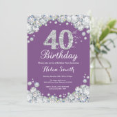40歳の誕生日招待状パープルとシルバーダイヤモンド 招待状 (スタンド正面)
