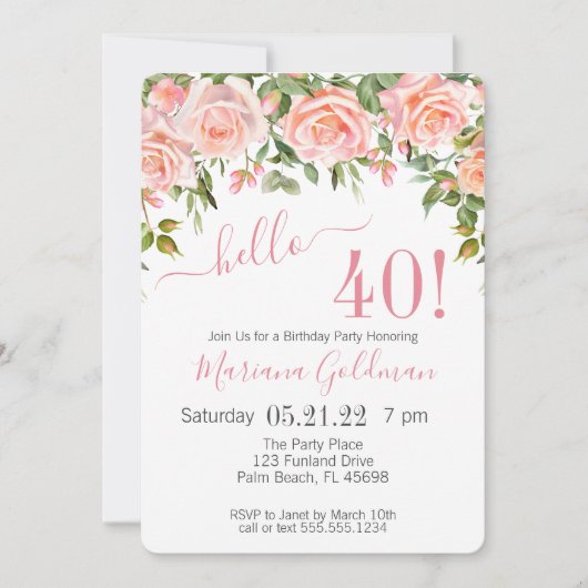 40歳の誕生日招待状ピンクのフローラモダンパーティー 招待状 (正面)