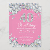 40歳の誕生日招待状ピンク&シルバーダイヤモンド 招待状 (正面/裏面)