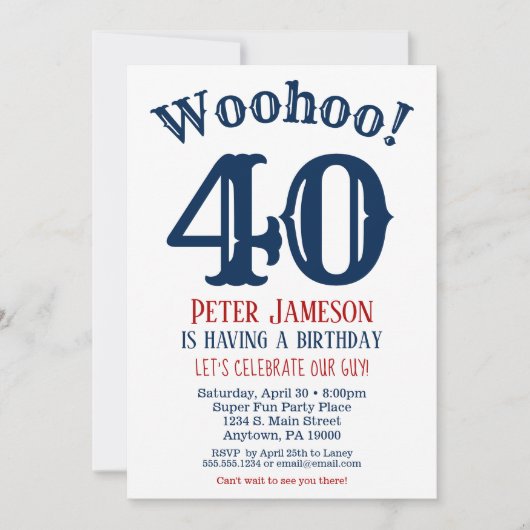 40歳の誕生日招待状メンズネイビーブルー 招待状 (正面)