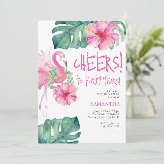 40歳の誕生日招待状水彩ピンクフラミンゴ 招待状 (スタンド正面)