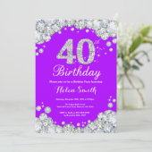 40歳の誕生日招待状紫と銀のダイヤモンド 招待状 (スタンド正面)