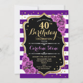 40歳の誕生日招待状紫の金ゴールドとバラ 招待状 (正面)