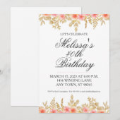 40歳の誕生日招待状（ゴールドとピンクの花柄） 招待状 (正面/裏面)