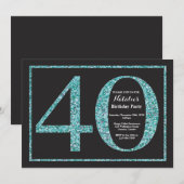 40歳の誕生日招待状 ティールグリッター 黒板 招待状 (正面/裏面)
