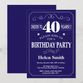 40歳の誕生日招待状 ネイビーブルーとホワイト 招待状 (正面/裏面)