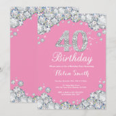 40歳の誕生日招待状 ピンクとシルバーのダイヤモンド 招待状 (正面/裏面)