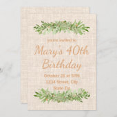 40歳の誕生日招待状 – リネン緑 | 四十 招待状 (正面/裏面)