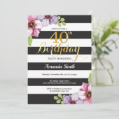 40歳の誕生日招待状 女性 フラワー ゴールド ブラック 招待状 (スタンド正面)