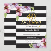 40歳の誕生日招待状 女性 フラワー ゴールド ブラック 招待状 (正面/裏面)