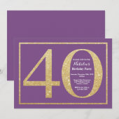 40歳の誕生日招待状 紫と金のグリッター 招待状 (正面/裏面)