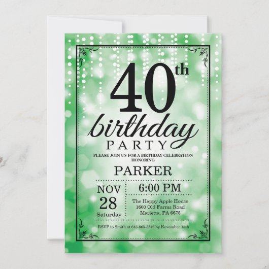 40歳の誕生日招待状 緑のグリッター 招待状 (正面)
