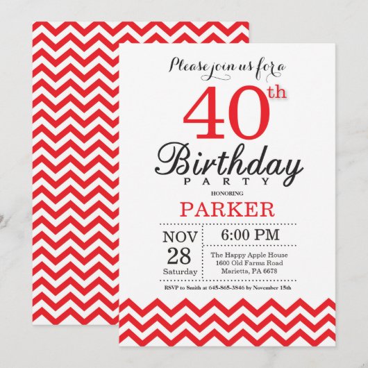 40歳の誕生日招待状 赤いシェブロン 招待状 (正面/裏面)