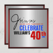 40歳の誕生日招待状-赤シルバーブルー 招待状 (正面/裏面)