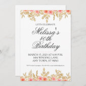 40歳の誕生日招待状、金ゴールド、ピンクフローラ 招待状 (正面/裏面)