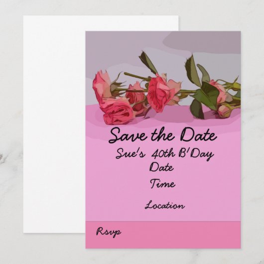 40歳の誕生日救で、バラ色のピンク色が 招待状 (正面/裏面)