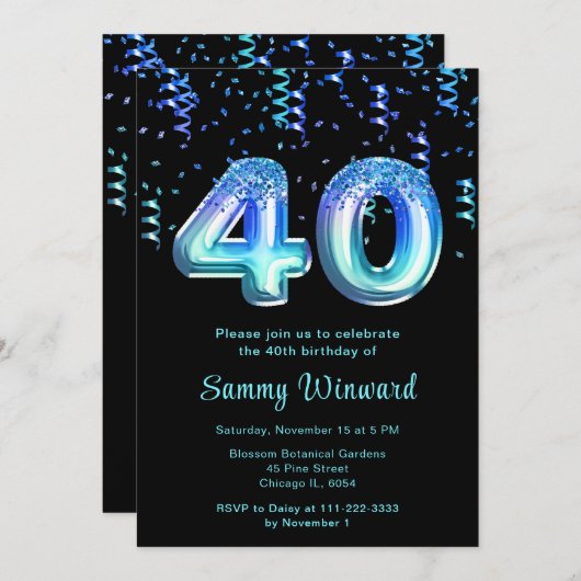 40歳の誕生日海バルーンと紙吹雪 招待状 (正面/裏面)