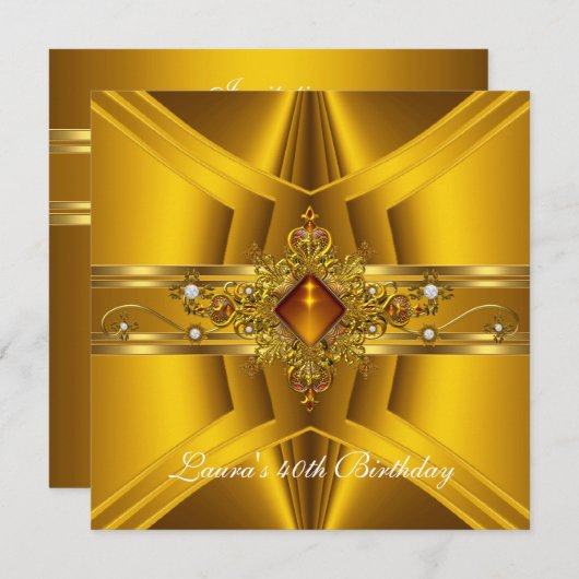 40歳の誕生日王室の黄エレガント金ゴールドジュエル2 招待状 (正面/裏面)
