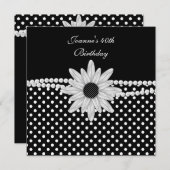 40歳の誕生日白黒パールフラワースポット 招待状 (正面/裏面)