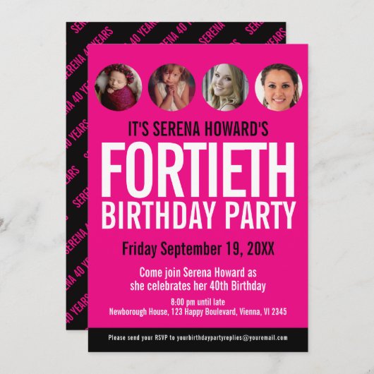 40歳の誕生日白黒ピンクの写真サークル 招待状 (正面/裏面)