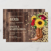 40歳の誕生日素朴ブーツひまわり赤いバラ 招待状 (正面/裏面)