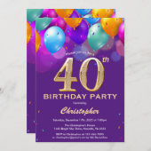 40歳の誕生日紫と金ゴールドカラフル風船 招待状 (正面/裏面)