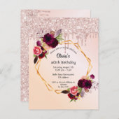 40歳の誕生日花模様バラ金ゴールドグリッター ポストカード (正面/裏面)