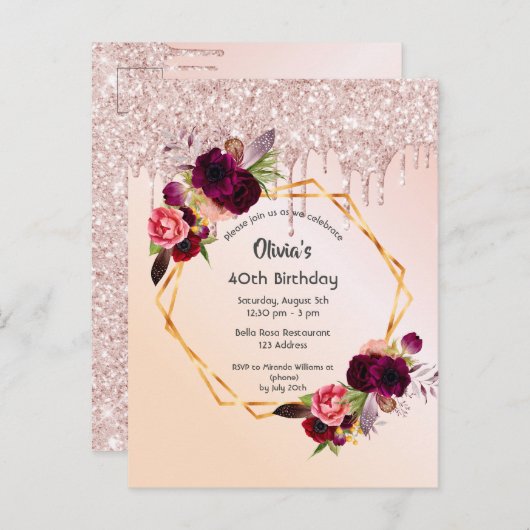 40歳の誕生日花模様バラ金ゴールドグリッター ポストカード (正面/裏面)