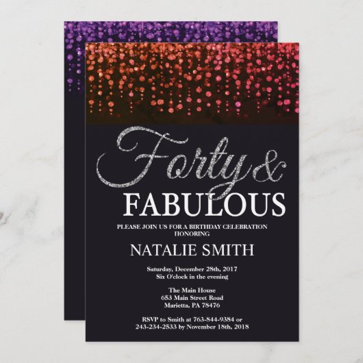 40歳の誕生日赤と銀のグリッター 招待状 (正面/裏面)