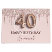 40歳の誕生日赤面ピンクのバラの金ゴールド ラージペーパーバッグ (正面)