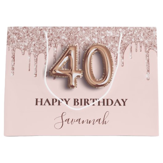 40歳の誕生日赤面ピンクのバラの金ゴールド ラージペーパーバッグ (正面)